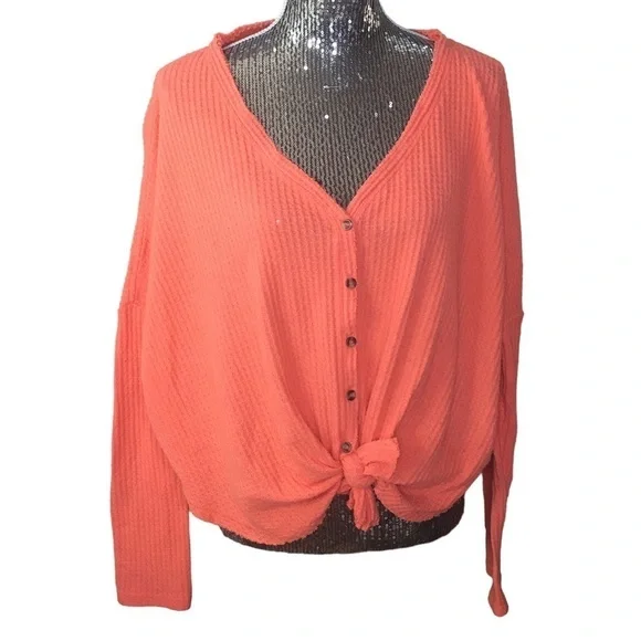 Urban Outfitters Orange Waffle Knit Jojo Thermal Long Sleeve Top Medium - Picture 2 of 9